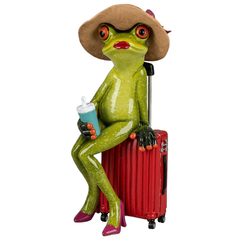 Bild von Dekofigur Froschlady on Tour mit Hut auf Koffer