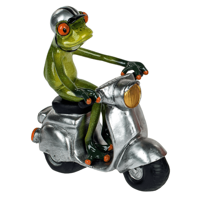 Bild von Dekofigur Froschmann mit Helm auf Roller